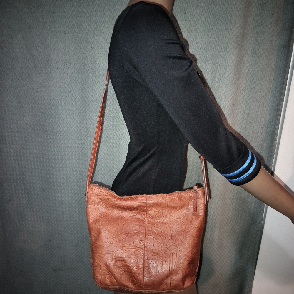 Embossed Tan Leather Crossbody Bag